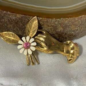 Vintage Gold Hand Brooch with White Flower and Pink Gem
